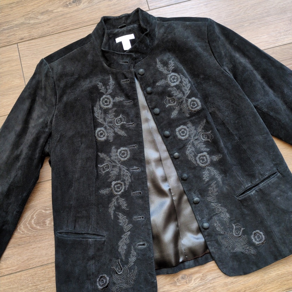 Charter Club Jacket Black Suede Leather Embroidered Floral Button Front 12